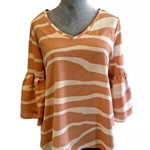 Fabrik Pink White Zebra Animal Print 3/4 Bell Sleeve Blouse Top Size Small Vneck